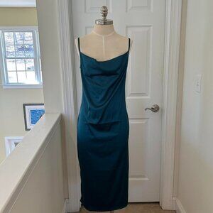 XXXITICAT green / teal satin slip dress with cowl neckline and backless design